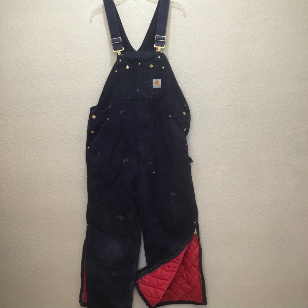 Carhartt Dark Navy Quilt Lined Insulated Overalls 42x30 R02 DNY USED Stains
